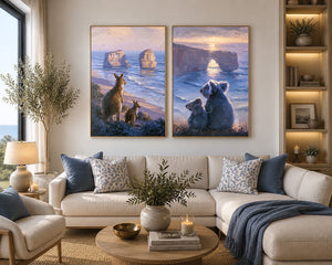 Painterly kangaroo and koala coastal wall art for warm living room decor.