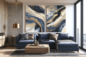 Navy and gold abstract canvas wall art for bold luxury living room decor.