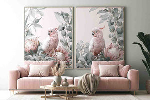 Pink cockatoo botanical canvas art with eucalyptus for soft nursery decor.