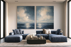Moonlit deep blue ocean canvas art for serene bedroom wall decor.