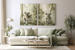 Koala eucalyptus diptych canvas art for peaceful nursery or living room decor.