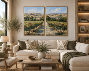 Sunlit vineyard landscape canvas art for rustic dining room decor.