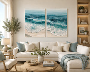 Turquoise ocean wave diptych canvas art for coastal living room decor.