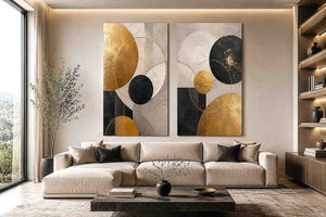 Modern black and gold geometric diptych wall art for contemporary living room decor