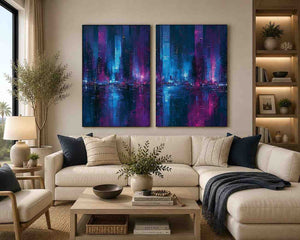 Neon abstract cityscape canvas art for bold modern office decor.