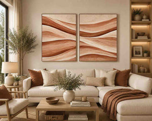 Terracotta abstract flow canvas art for warm boho living room decor.