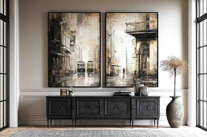 Vintage tram cityscape diptych wall art