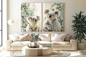 Soft koala diptych canvas art with eucalyptus leaves for nursery or living room decor.