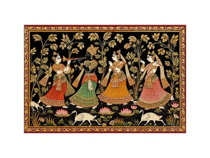 Krishna Raas Leela traditional Indian painting canvas wall art for living room decor USA luxury mythology artwork horizontal large wall