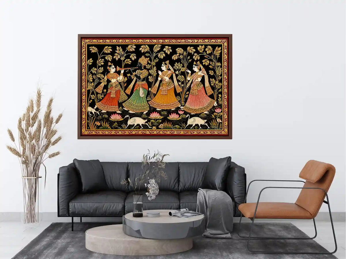 Krishna Raas Leela traditional Indian painting canvas wall art for living room decor USA luxury mythology artwork horizontal large wall