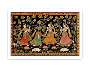 Krishna Raas Leela traditional Indian painting canvas wall art for living room decor USA luxury mythology artwork horizontal large wall
