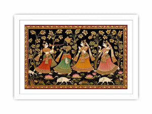 Krishna Raas Leela traditional Indian painting canvas wall art for living room decor USA luxury mythology artwork horizontal large wall