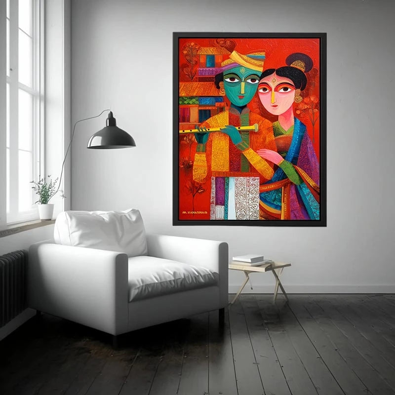 Krishna Raas Leela lotus painting traditional Indian canvas wall art for living room decor USA luxury spiritual artwork horizontal