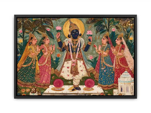 Krishna devotional traditional Indian painting canvas wall art for bedroom decor USA luxury spiritual lotus artwork vertical