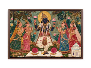 Krishna devotional traditional Indian painting canvas wall art for bedroom decor USA luxury spiritual lotus artwork vertical