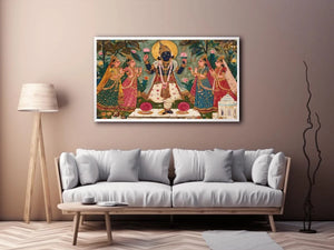 Krishna devotional traditional Indian painting canvas wall art for bedroom decor USA luxury spiritual lotus artwork vertical