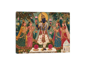Krishna devotional traditional Indian painting canvas wall art for bedroom decor USA luxury spiritual lotus artwork vertical