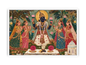 Krishna devotional traditional Indian painting canvas wall art for bedroom decor USA luxury spiritual lotus artwork vertical
