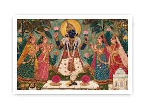 Krishna devotional traditional Indian painting canvas wall art for bedroom decor USA luxury spiritual lotus artwork vertical