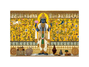 Traditional Hindu deity wall art with lotus and floral gold detailing for spiritual home temple and luxury interiors