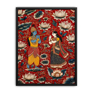 Krishna Radha wall art with floral lotus background in rich red and gold tones for spiritual and luxury home decor