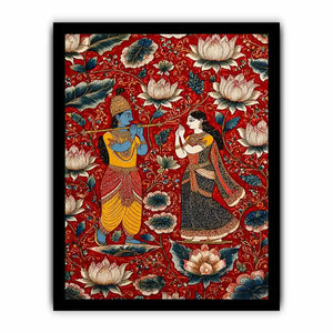 Krishna Radha wall art with floral lotus background in rich red and gold tones for spiritual and luxury home decor