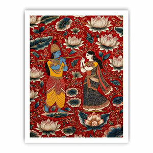 Krishna Radha wall art with floral lotus background in rich red and gold tones for spiritual and luxury home decor