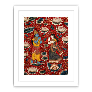 Krishna Radha wall art with floral lotus background in rich red and gold tones for spiritual and luxury home decor
