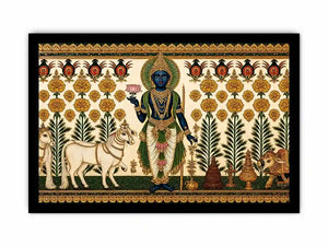 Traditional Krishna cow wall art with floral gold detailing in green and white tones for spiritual home decor and luxury interiors