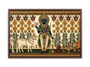 Traditional Krishna cow wall art with floral gold detailing in green and white tones for spiritual home decor and luxury interiors