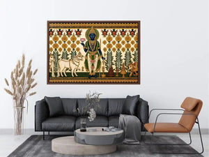 Traditional Krishna cow wall art with floral gold detailing in green and white tones for spiritual home decor and luxury interiors
