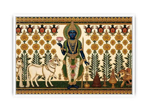 Traditional Krishna cow wall art with floral gold detailing in green and white tones for spiritual home decor and luxury interiors