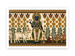 Traditional Krishna cow wall art with floral gold detailing in green and white tones for spiritual home decor and luxury interiors