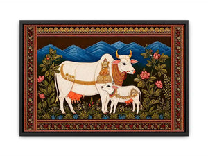 Kamdhenu sacred cow wall art with calf and traditional detailing in gold and red tones for spiritual home decor
