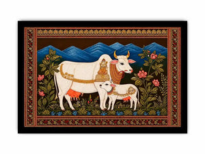 Kamdhenu sacred cow wall art with calf and traditional detailing in gold and red tones for spiritual home decor