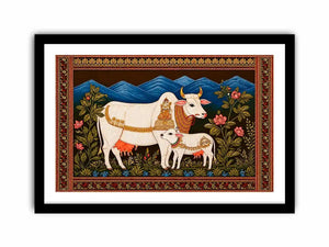 Kamdhenu sacred cow wall art with calf and traditional detailing in gold and red tones for spiritual home decor