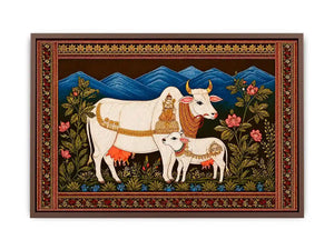 Kamdhenu sacred cow wall art with calf and traditional detailing in gold and red tones for spiritual home decor