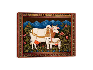 Kamdhenu sacred cow wall art with calf and traditional detailing in gold and red tones for spiritual home decor