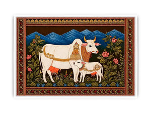 Kamdhenu sacred cow wall art with calf and traditional detailing in gold and red tones for spiritual home decor