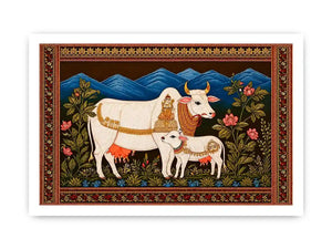 Kamdhenu sacred cow wall art with calf and traditional detailing in gold and red tones for spiritual home decor