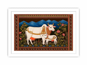 Kamdhenu sacred cow wall art with calf and traditional detailing in gold and red tones for spiritual home decor