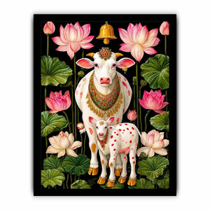 Kamdhenu sacred cow wall art with lotus flowers and calf in vibrant pink and green tones for spiritual home decor