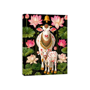 Kamdhenu sacred cow wall art with lotus flowers and calf in vibrant pink and green tones for spiritual home decor