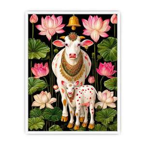Kamdhenu sacred cow wall art with lotus flowers and calf in vibrant pink and green tones for spiritual home decor