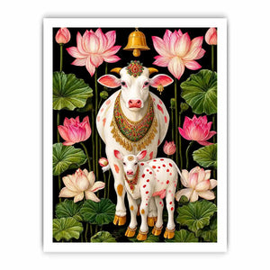Kamdhenu sacred cow wall art with lotus flowers and calf in vibrant pink and green tones for spiritual home decor