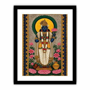 Hindu lotus deity wall art with floral details and gold accents in blue and pink tones for spiritual home decor