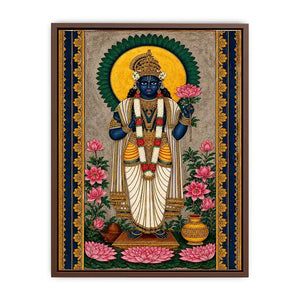 Hindu lotus deity wall art with floral details and gold accents in blue and pink tones for spiritual home decor