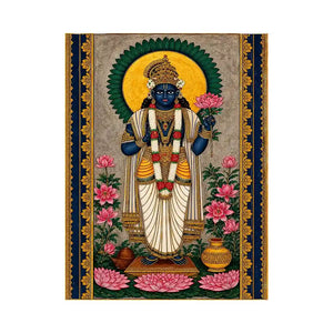 Hindu lotus deity wall art with floral details and gold accents in blue and pink tones for spiritual home decor