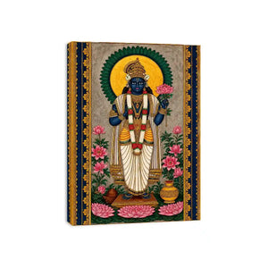 Hindu lotus deity wall art with floral details and gold accents in blue and pink tones for spiritual home decor