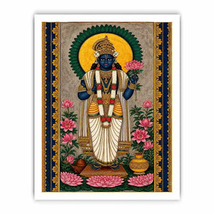 Hindu lotus deity wall art with floral details and gold accents in blue and pink tones for spiritual home decor